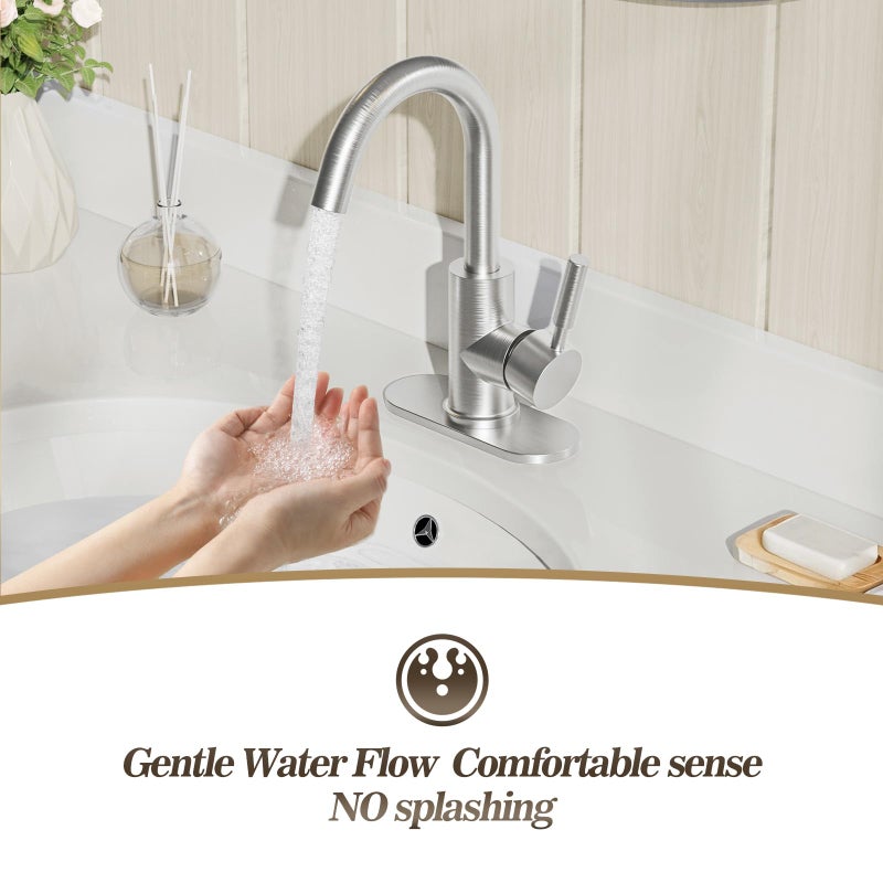 Phiestina Bathroom Sink Faucet,Single-Handle Bathroom Faucet with 4 Inch Deck Plate and Metal Drain, Fit for 1 or 3 Hole Installation, 360 Degree Rotation Spout, Brushed Nickel, WE08E-BN - Image 4